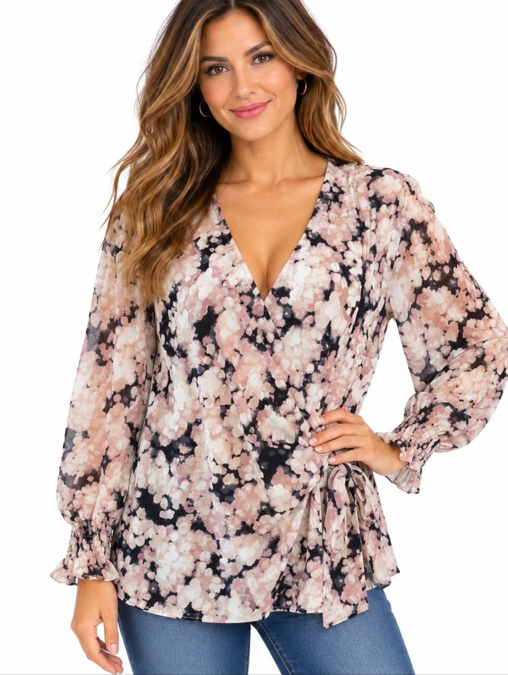 Anne Klein Pink Floral Wrap Blouse